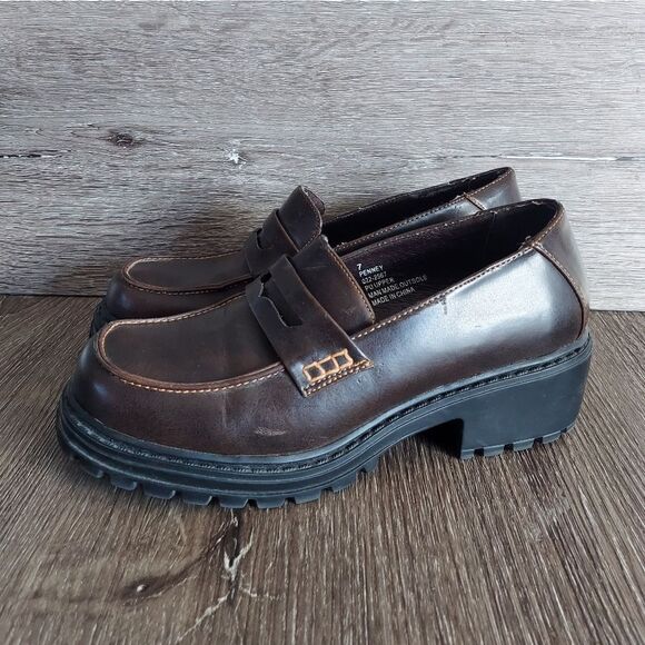  Vintage 90s Arizona Jean Brown Chunky Heel Loafer Shoe Size 7 - Picture 4 of 11